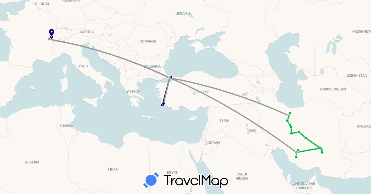 TravelMap itinerary: driving, bus, plane in Switzerland, Iran, Turkey (Asia, Europe)
